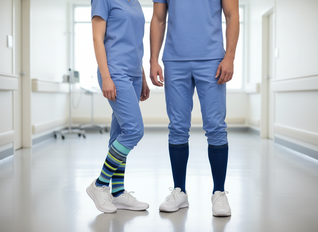 Male and female nurse in hospital wearing Dr. Johnny's medical compression socks