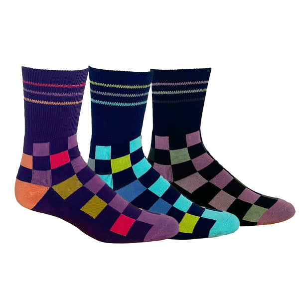 3 Pack - Diabetic Socks - Checker - [Pink, Blue, Purple]