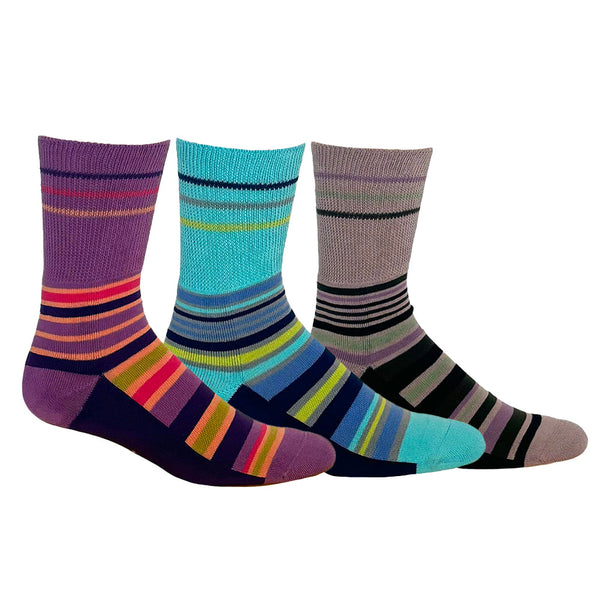 3 Pack -Diabetic Socks - Stripe - [Pink, Blue, Purple]