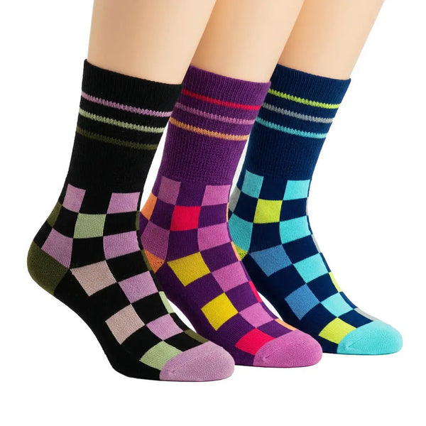 3 Pack - Diabetic Socks - Checker - [Pink, Blue, Purple]